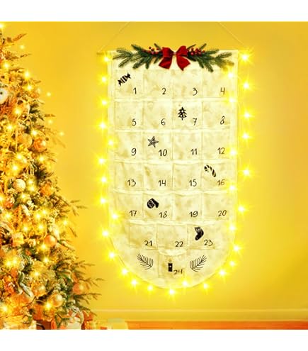 TEUYOE Adventskalender Stoff 100x50cm - 24 Taschen Zum Befüllen