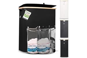HENNEZ 150L Extra Large Laundry Basket 3 Compartments - Family Laundry Hamper Basket with Removable Bags - 3 Section Laundry Basket with Lid - Dirty Laundry Sorter for Laundry Bin