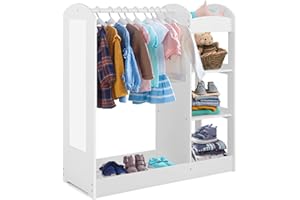 COSTWAY Kids Dress up Storage, Children Wardrobe with Mirror, Clothes Rail and 3-Tier Shelves, Child Wooden Organizer Costume Closet for Boys Girls Gift (White)