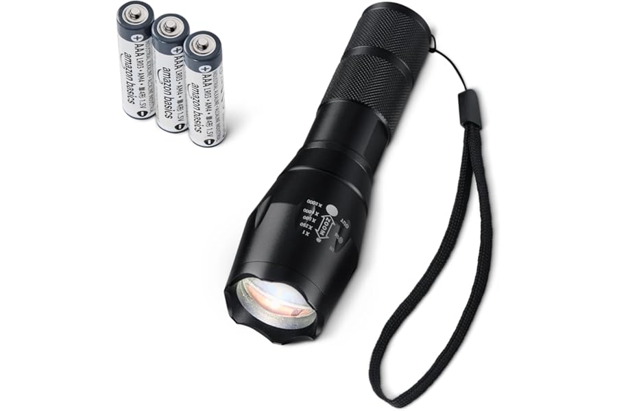Amazon Basics Handheld LED Flashlight with 5 Light Modes - 200 Lumen Zoomable Handheld Torch - Water Resistant Aluminum Flashlight with Lanyard - Batteries Included - Black