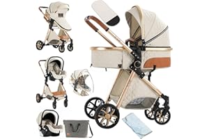 NADDLILY Poussette 3 en 1, Poussette Bebe avec Conception Portable Pliable en Un Clic, Pousette 3 en 1 avec Poussée Réversible Bidirectionnelle, Poussette Canne avec Accessoires (V9 Creamy White)