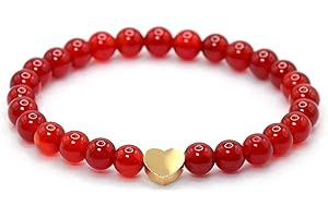 Bracelet en cornaline véritable pierre précieuse avec perles rondes de 6mm et cœur en acier inoxydable - différentes longueurs - bracelet en pierres précieuses porte-bonheur talisman cadeau