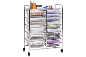 COSTWAY Carrito Auxiliar con Ruedas, Carro Almacenaje con 15 Cajones Apilables, Carrito Organizador con Ruedas Bloqueables de Metal para Cocina Oficina, Baño, 37x63x87cm (Transparente)