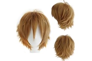 Dcbaboo Brown Wig Short Curly Wig Men/Women Wigs Anime Cosplay Wig 12" Natural Fluffy Layered Straight Hair Unisex Halloween Wig Fancy Dress Synthetic Full Wig with Wig Cap, Light Brown