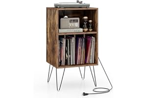 GIANTEX Scaffale per Giradischi a 3 Livelli, Stand per Giradischi Domestico con Stazione di Ricarica, Tavolo Porta Dischi in Vinile con Mensola e 4 Divisori, Scaffale Espositivo (Marrone)