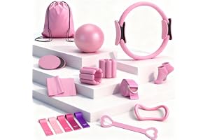 Pilatesset, 14 delar, rosa pilatesset för hemmet, full utrustning | Med pilatesring, boll, strumpor, justerbara handledsvikter, motståndsband - styrketräningsutrustning och yogaset