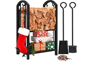 AMAGABELI GARDEN HOME Amagabeli Kaminholzregal Innen Brennholzregal mit 4 Kaminwerkzeug Kaminholzständer Kaminbesteck für Außen Kaminholzhalter Holzregal für Kamin Kaminofen Besteck Schmiedeeisen Schwarz