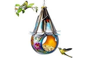 SUNJULY Mangeoires à oiseaux solaires 2 en 1 à suspendre en fer forgé avec crochet, idée cadeau pour jardin, maison à oiseaux sauvages avec lumière LED pour décoration de jardin
