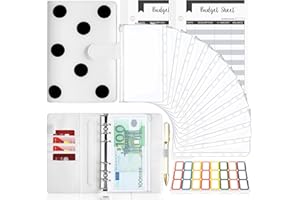 Raccoglitore Notebook A6, TAOPE Portadocumenti in Pelle PU con 12 Trasparente Sacchetti Cerniera Compilabile 26pcs Raccoglitore a Pois per Budget di Contanti Organizzatore di Buste Risparmio - Bianco