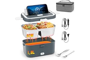 Dreamhigh® 80W Scaldavivande Elettrico Portatile 1.8L, Porta Pranzo Riscaldabile con Borsa, Forchetta e Cucchiaio, 12V/24V/220V Lunch Box Elettrico, Porta Pranzo da Ufficio e Auto-Grigio