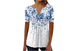 YOLOKE 2023 Summer Short Sleeve Tops for Women UK Trendy Casual Floral Graphic Shirts Tunic Blouses Plus Size Crew Neck Boho Henley Tees