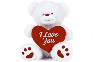 Paws White Teddy Bear holding Red Heart with I Love You written on it (White, 10.5")