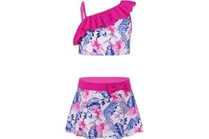 Mufeng Tankini 3 Pièces Enfant Fille Ado Maillot de Bain Floral Bikini Tube Tops Haut à Bretelles Bas de Bain et Paréo Jupe d'été Ensemble de Natation Swimsuit 3-16 Ans