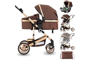 Blahoo 3 in 1 Kinderwagen Kombikinderwagen,Baby-Kinderwagen für Neugeborene,faltbare Aluminium-Legierung Kinderwagen mit verstellbarer Rückenlehne,Bassinet Kinderwagen(khaki)