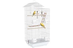 PawHut Jaula para Pájaros Pajarera con Múltiples Puertas 4 Comederos 3 Perchas Columpio Escaleras y Bandeja Extraíble para Loros Canarios Periquitos 46x36x100 cm Blanco