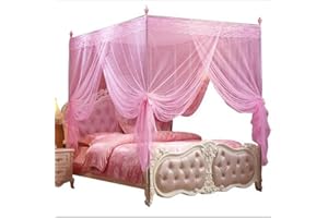 Nattey 4 Corners Post Pink Canopy Bed Curtain Full Bed for Girls & Adults - 4 Opening Mosquito Net - Princess Bedroom Decoration