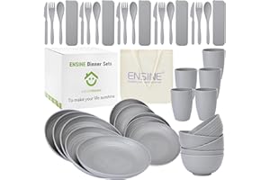 ‎ENSINE ENSINE 41-Teilig Camping Geschirr Set 5 Personen mit Tragetasche Picknick Geschirr Sets Plastik Geschirr,Wiederverwendbar Sichere Becher für alle Gelegenheit Grau