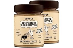 SUNFLY Natural Sunflower Seed Butter - No Added Sugar, Nut-Free, Tahini Alternative - Palm Oil & Allergen Free, High Protein Vegan Spread with Natural Sweeteners - 2 x 330g Jars