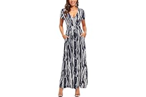 OUGES Women's Summer Spring Maxi Dress V Neck Short/Long Sleeve Ladies Casual Long Wrap Dress with Pockets