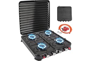 QDRECLOD Fornelli da Campeggio a Gas 4 fuochi Cucina a Gas Portatile Fornellini da Campeggio Struttura in Acciaio inox, Consumo 8,8 kW 48 x 48.5 x 10.5 cm Fornello 4 Fuoco Smaltato Fornello da Campeg (Nero)