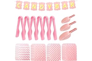 Candy Bar, Daccessoires de Candy Bar, Contient 40 Sachets de Papier Bonbons, 6 Pinces à Sucre, 3 Pelles à Bonbons et 1 Bannière, Pour Mariage, Bar, Buffet, Fête, Barbecue (Rose)