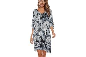 BDTECAOR Women's Vintage Ethnic Style Floral Pattern Bohemian Tunic Dress, V-Neck, 3/4 Sleeve, Beach Dresses, Summer Dresses