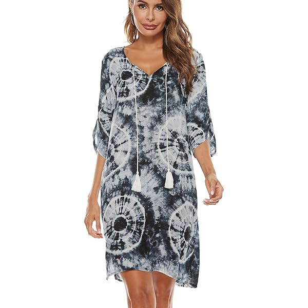 YUTILA Bohemian strandjurk voor dames, V-hals, 3/4 mouwen, bloemenpatroon, mini-tuniek, vintage etnische stijl, zomerjurk, 100% viscose, roze, bloemen, XL