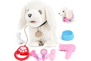 Vankarr Perrito Juguete Ladra y Anda,Peluche Perritos de Juguete Que Andan con Correa,Perro Juguetes Realista Interactivos para 2-4Años(Blanco)