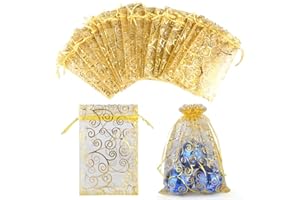 CLTPY 100 Stück Gold Organzasäckchen 15x20 cm Druck Schmuckbeutel Organzabeutel Geschenkbeutel Hochzeit Säckchen mit Kordelzug für Festival Geburtstag Party
