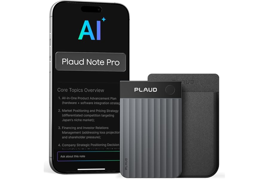 Plaud Note Pro AI Voice Recorder, Transcribe & Summarize with AI, App Control, Note Taker for Meetings & Calls, Supports 112 Languages, Ultra-Slim w/InstantView Display, Case Included, Black