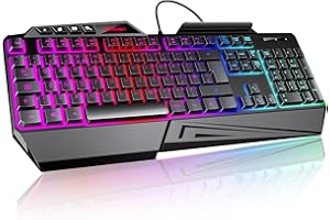 TECKNET Wired Gaming Keyboard, 26-Key Anti-Ghosting RGB Keyboard, Ergonomic Design with Phone Holder & Wrist Rest, Dedicated Shortcut Keys & Spill-Resistant Backlit Keyboards for PC/PS5/Xbox