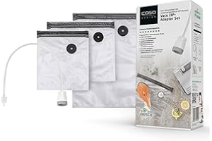‎CASO CASO ZIP-Bags & Vacu ZIP-Adapter Set – Wiederverwendbare Vakuumbeutel 150 µm – reißfest, mikrowellen- & spülmaschinengeeignet – Sous Vide geeignet bis 100 °C – bis zu 8x länger frisch