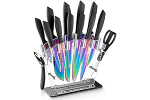 D.Perlla Couteau de Cuisines, 16 Pièces Arc en Ciel Couteau à Placage de Titane, Pas de Rouille, Set de Couteaux Cuisine en Acier inoxydable à haute teneur en carbone avec Aiguiseur, Blocs Acrylique
