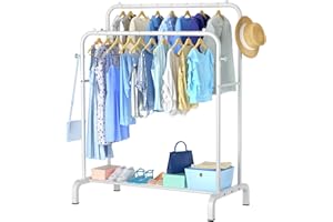 Frurark Clothes Rail Metal Double Pole Garment Rack Multifunctional Clothes Racks with Shelves for Hanging Clothes,Suitable for Home Bedroom(White)