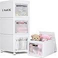Primalite Stackable Storage Cupboard with Lids & Wheels- 3 Pack Set, 30 L, Plastic Foldable Wardrobe Containers Organizer Bins, Multipurpose Cabinet Modular Drawers Box for Clothes, Toys- White