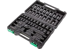 Amazon Basics Juego de 46 llaves de vaso de 3/8 pulgadas y 6 puntas llanas y profundas con trinquete reversible de 72 dientes y maletín de transporte, 13.1 x 9.7 x 3 pulgadas(Antes éramos Denali)