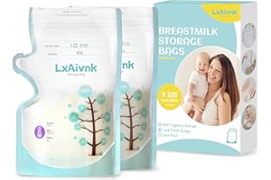 LXAIVNK Muttermilch-Aufbewahrungsbeutel, 105 Stück, 180 ml, gefriergeeignet, mit doppelten Dichtungen, kein Auslaufen, leicht zu öffnen, verbesserte Stärke, dünnes Design, Milchbeutel für