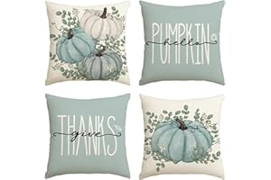 Artoid Mode Eukalyptus Blau Kürbisse Herbst Kissenbezüge 4er Set, 45x45 cm Zierkissenbezug Cushion Cover Couch Wohnzimmer Außenbereich Deko