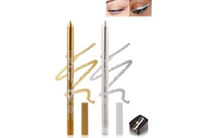 LESTPOLA 2Pcs Crayon Gel Yeux Pailleté Or Argent, Métallique Brillant Eye Liner avec Taille-Crayo, Eyeliner Waterproof et Longue Tenue, Anti-Salissures, Très Pigmenté Set de Maquillage pour Party Cosplay-04+05