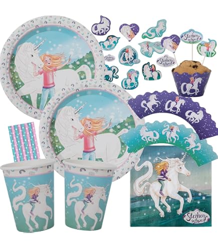 104-teiliges Party-Set „Sternenschweif“ – Kindergeburtstag Mit Tellern, Bechern, Servietten, Einladungen, Luftschlangen & Ballons – Für Mädchen Pferde-Einhorn-Fans