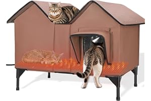 HXPLN Heated Cat House, Widened and Enlarged Outdoor Cat House Waterproof with Two Escape Doors and Heating Pad, Elevated Insulated Winter House, Sturdy Outdoor Cat Shelter for Multiple Cats Dogs (Brown)