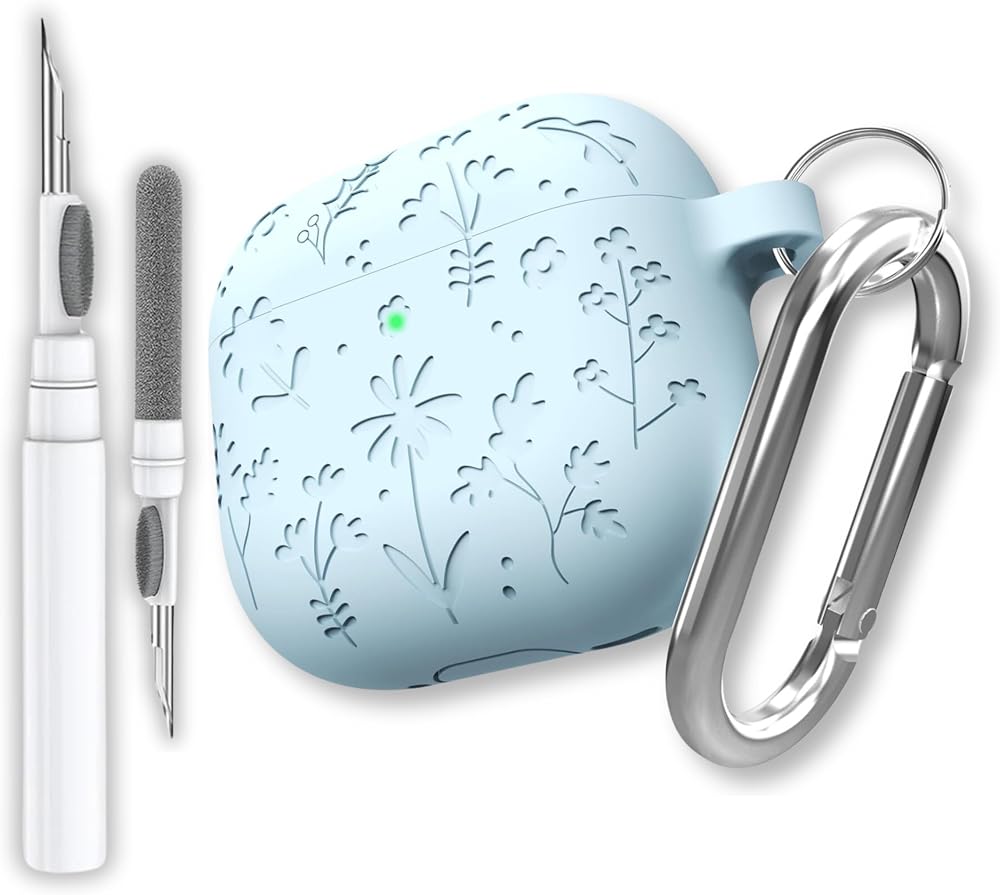 EWEC AirPods 4. Nesil ve AirPods 5. Nesil Uyumlu Çiçek İşlemeli Premium Silikon Kulaklık Kılıfı ve 3'ü 1 Arada Bluetooth Kulaklık Temizleme Kalemi Seti (Gök Mavisi)