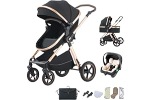 BEBBY 3-in-1 Pushchair Combination Pram Set 2-in-1 Buggy Foldable Luxury High Landscape Newborn Portable Folding Pushchair Travel System (D2-Black, H2-D)