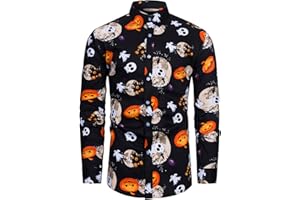 fohemr Herren Halloween Hemd Langärm Slim Fit Freizeithemd Kürbis Muster Lustig Funky Hemden Casualshirts Urlaub