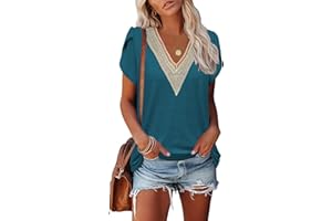 Famulily Women's Lace Trim V Neck T-Shirts, Short Petal Sleeve Summer Dressy Tops Casual Blouses S to XXL