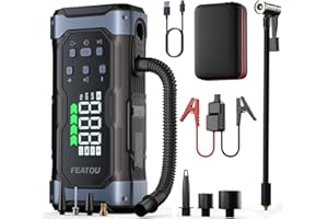 FEATOU 【2026 Winter Essential】7000 Peak Car Battery Booster Jump Starter Power Pack, 150PSI Tyre Inflator Air Compressor, 12V Portable Car Battery Charger Powerbank for Petrol/Diesel/Hybrid Engine, 500 Lumen