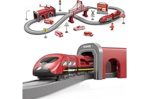 XIAPIA Railway Learning Educational Toys, Train Sets for Kids Boys Girls Age 3 Years Up, 66 Pcs Electric Track Accessories Car Set (Red Fire Engine)