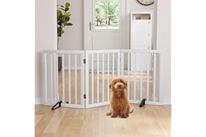 Semiocthome Bamboo Freestanding Dog Gates for Doorways, 3-Panel Indoor Puppy Gates for the House with 2 Metal Stands, 60cm (H) Folding Pet Gate for Stairs Expands Up to 140 (W) Fully Assembled White