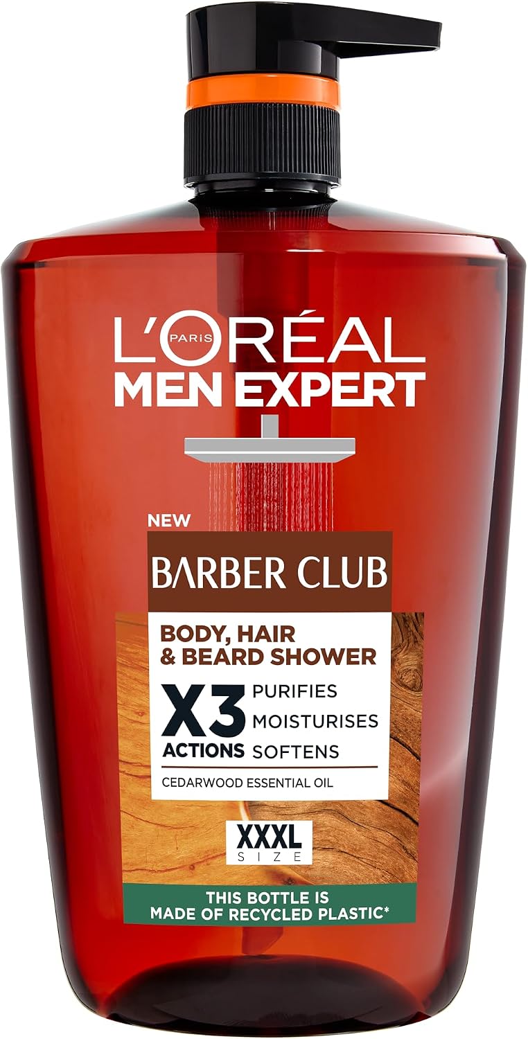 L'Oréal Men's Shower Gel, Men Expert Barber Club 3-in-1 Body Wash 1L Pump, Cedarwood Oil for Body, Hair & Beard Grooming, Deep Cleanse & Active Moisturisation