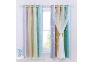 NICETOWN Rideau Chambre Fille - Rideaux Occultant Enfant avec Voilage Double Couches Motif Etoiles Perforées Draperies avec Blanc Voile, L 132 x H 160 cm, Arc-en-Ciel Clair, 2 Pièces